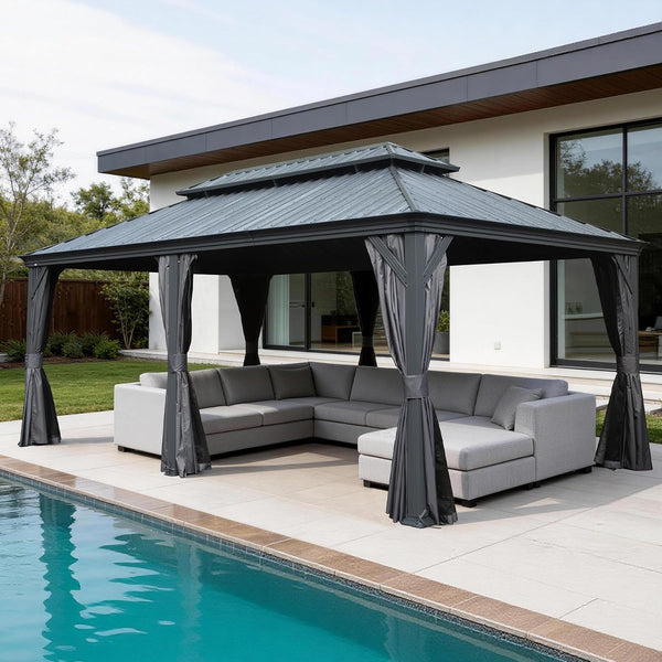 12x24FT Outdoor Gazebo with Galvanized Steel Double Roof - Yard Noble