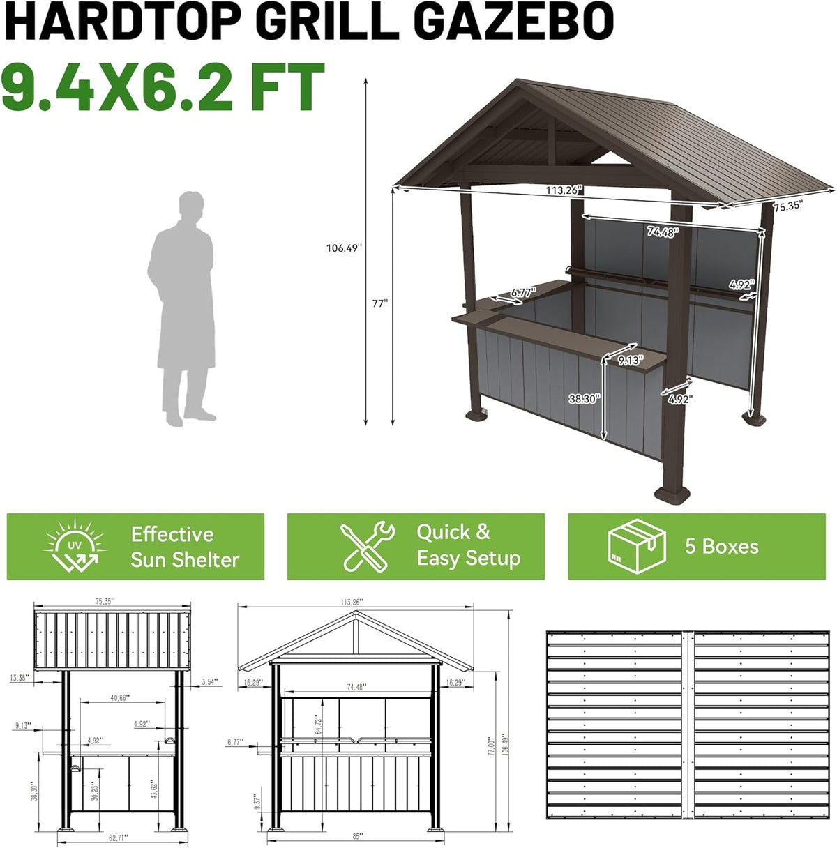 9.4 X 6.2 FT Hardtop Grill Gazebo