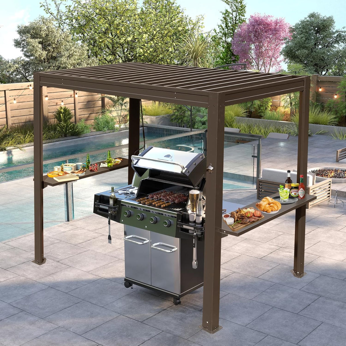 8x5 Ft Grill Louvered Pergola with Adjustable Roof and Built-in Gutter