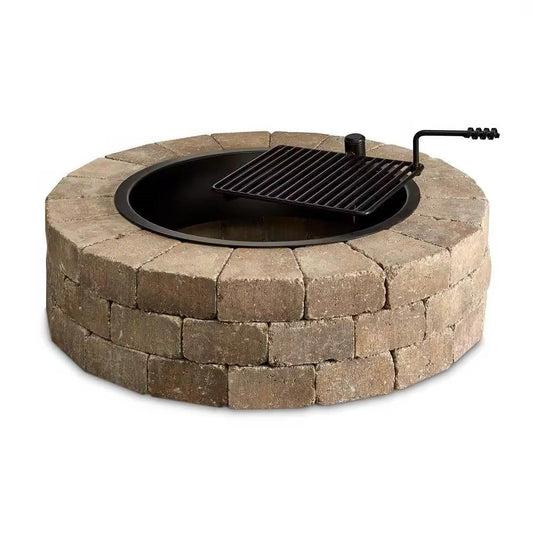 48-in Outdoor Round Concrete Block Stone Fire Pit Kit with Cooking Grill Grate - Yard Noble